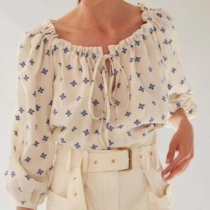 Caron Callahan Cream and Blue Blouse with Tie Front and Smocked Details